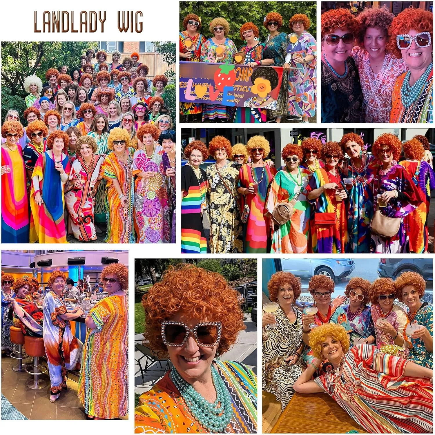 Red Orange Wig for Landlady Costume, Mrs Short Curly Wig  Fashion Sunglasses  Jewelry  Wig Cap for Cosplay Halloween Party