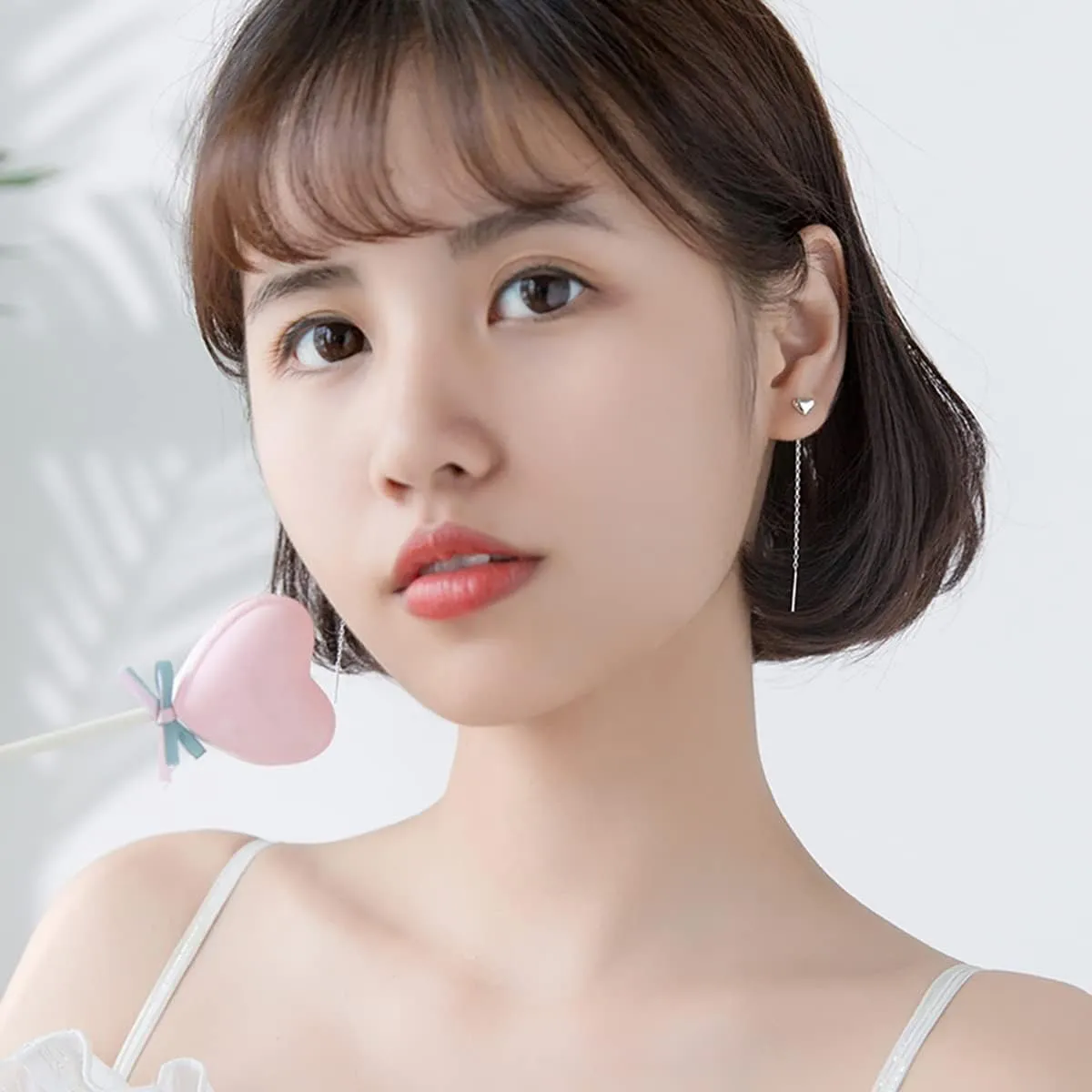 Reffeer Solid 925 Sterling Silver Tiny Cute Heart Dangle Earrings Chain for Women Teens Dangle Earrings Threader Tassel