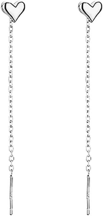 Reffeer Solid 925 Sterling Silver Tiny Cute Heart Dangle Earrings Chain for Women Teens Dangle Earrings Threader Tassel