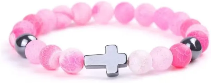 Religion Cross Natural Stone Beads Stretch Bracelets for Women Men 8MM Bead Cross Elastic Prayer Bracelet Friendship Valentines Day Birthday Jewelry Gift