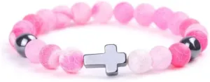 Religion Cross Natural Stone Beads Stretch Bracelets for Women Men 8MM Bead Cross Elastic Prayer Bracelet Friendship Valentines Day Birthday Jewelry Gift