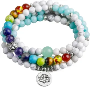RHAIYAN Fit for Men Women 7 Chakra Yoga Bracelet White Howlite Healing Reiki Prayer Mala Balance Buddha Beads Bracelet Bangles Tree Jewelry Specific (Color : Lotus Charm)