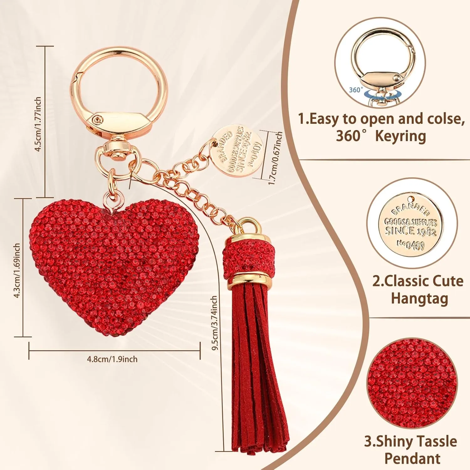 Rhinestone Heart Keychain for Women Sparkly Car Key Chain Glitter Crystal Love Tassel Keychain for Purse Accessories