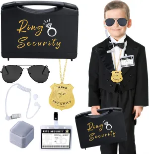 Ring Security Box - Wedding Ring Bearer Set with 6 Pcs, ID Card Badge, Earpiece & Shades for Boys