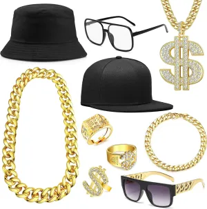 RIOSO 80s 90s Accessories Outfit for Men Hip Hop Rapper Costume Kit Fake Gold Chain Money Sign Necklace Hip Hop Rapper Costume Jewelry