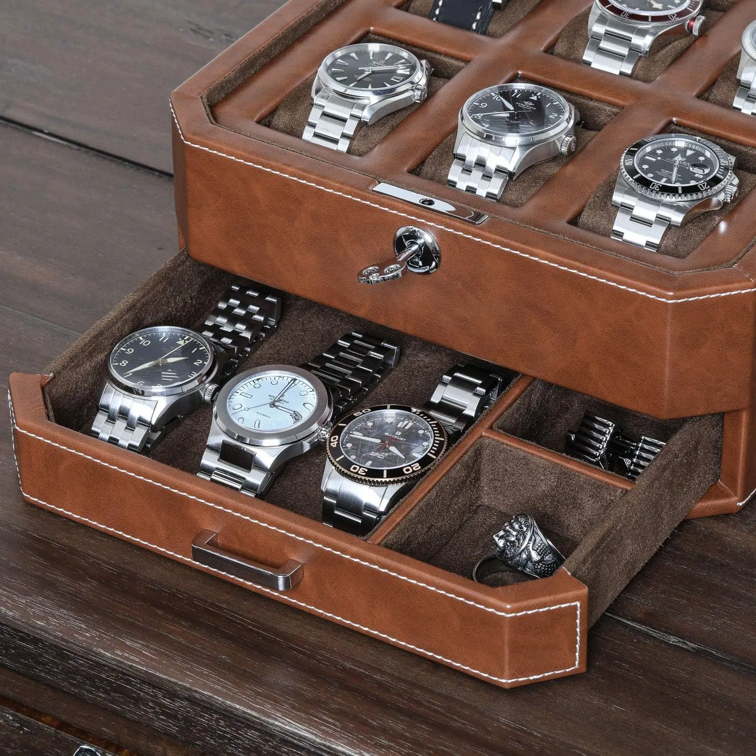 ROTHWELL 6 Slot Leather Watch Box with Valet Drawer - Luxury Case Display Organizer, Microsuede Liner, Locking Mens Jewelry Watches Holder, Men's Watch Storage Large Glass Top (Tan/Brown)