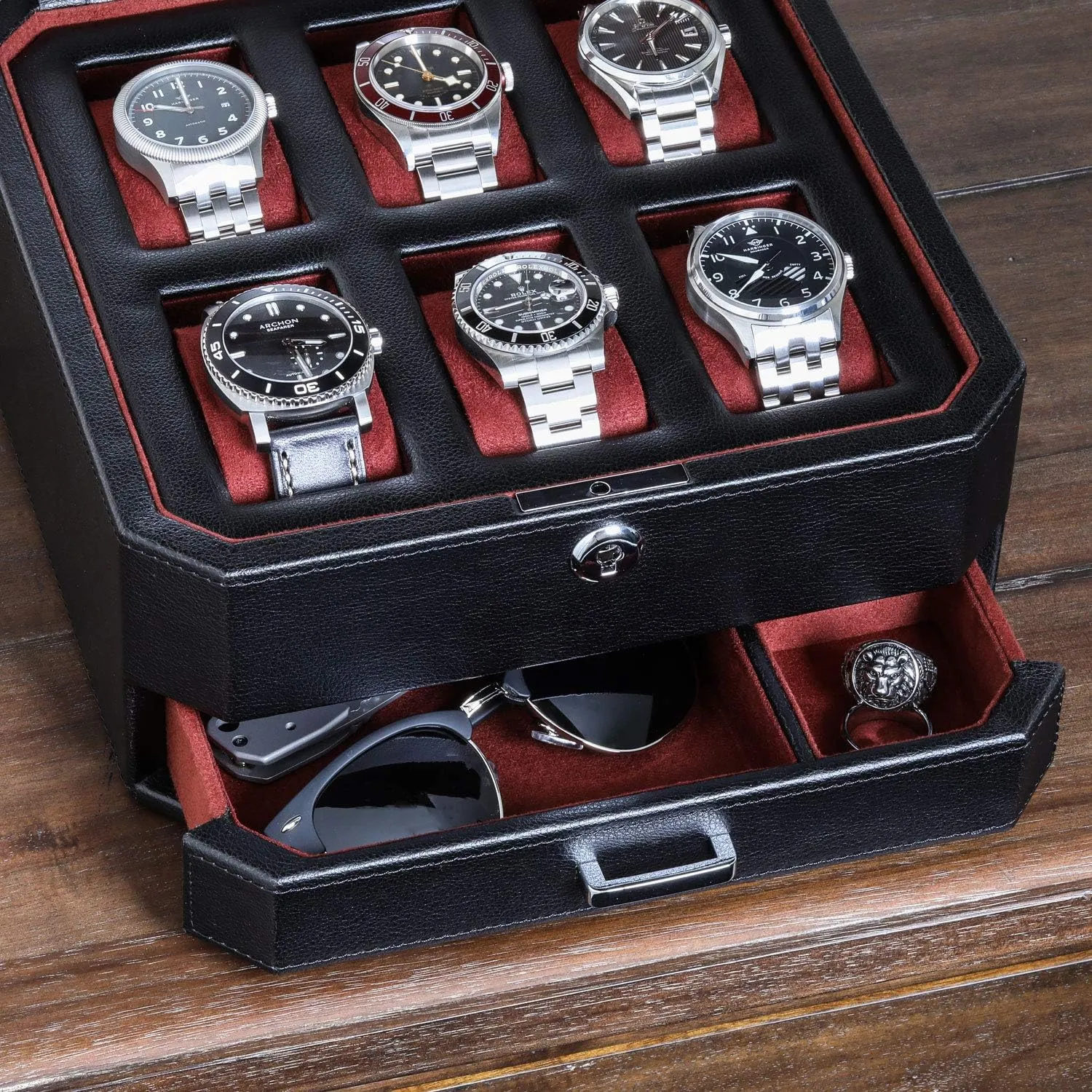 ROTHWELL 6 Slot Leather Watch Box with Valet Drawer - Luxury Watch Case Display Organizer, Microsuede Liner, Locking Mens Jewelry Watches Holder, Men's Storage Boxes Holder Large Glass Top (Black/Red)