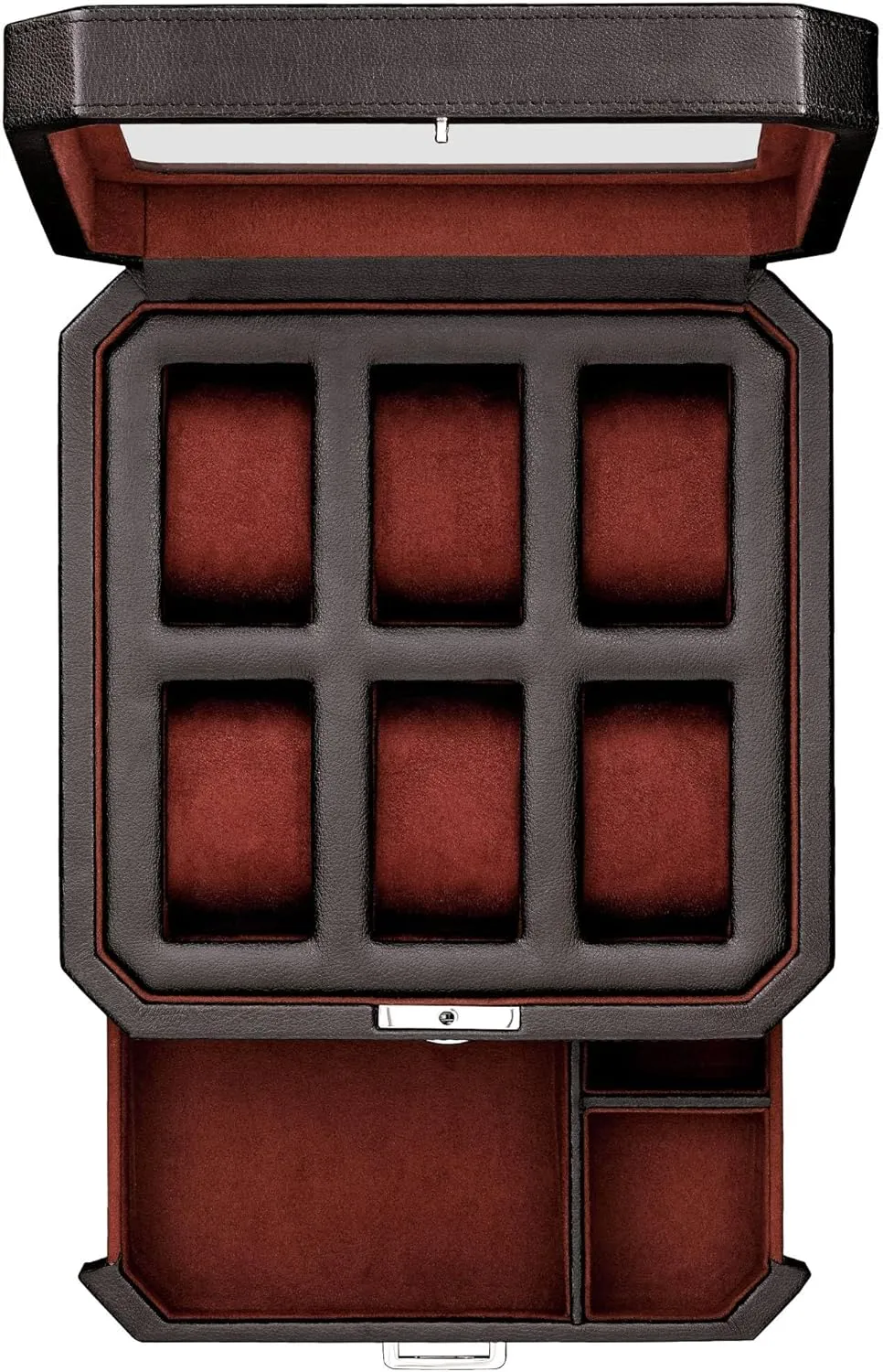 ROTHWELL 6 Slot Leather Watch Box with Valet Drawer - Luxury Watch Case Display Organizer, Microsuede Liner, Locking Mens Jewelry Watches Holder, Men's Storage Boxes Holder Large Glass Top (Black/Red)