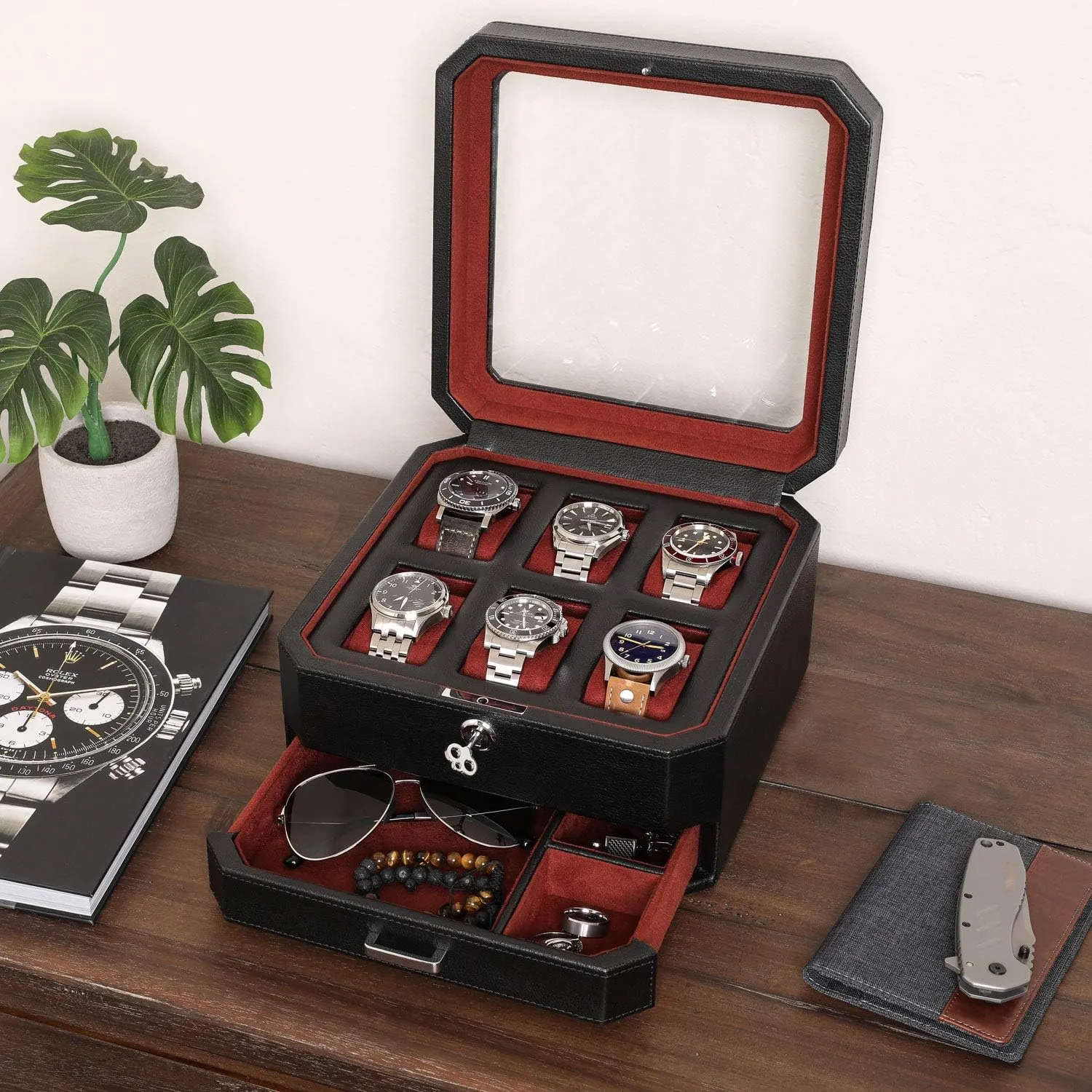ROTHWELL 6 Slot Leather Watch Box with Valet Drawer - Luxury Watch Case Display Organizer, Microsuede Liner, Locking Mens Jewelry Watches Holder, Men's Storage Boxes Holder Large Glass Top (Black/Red)