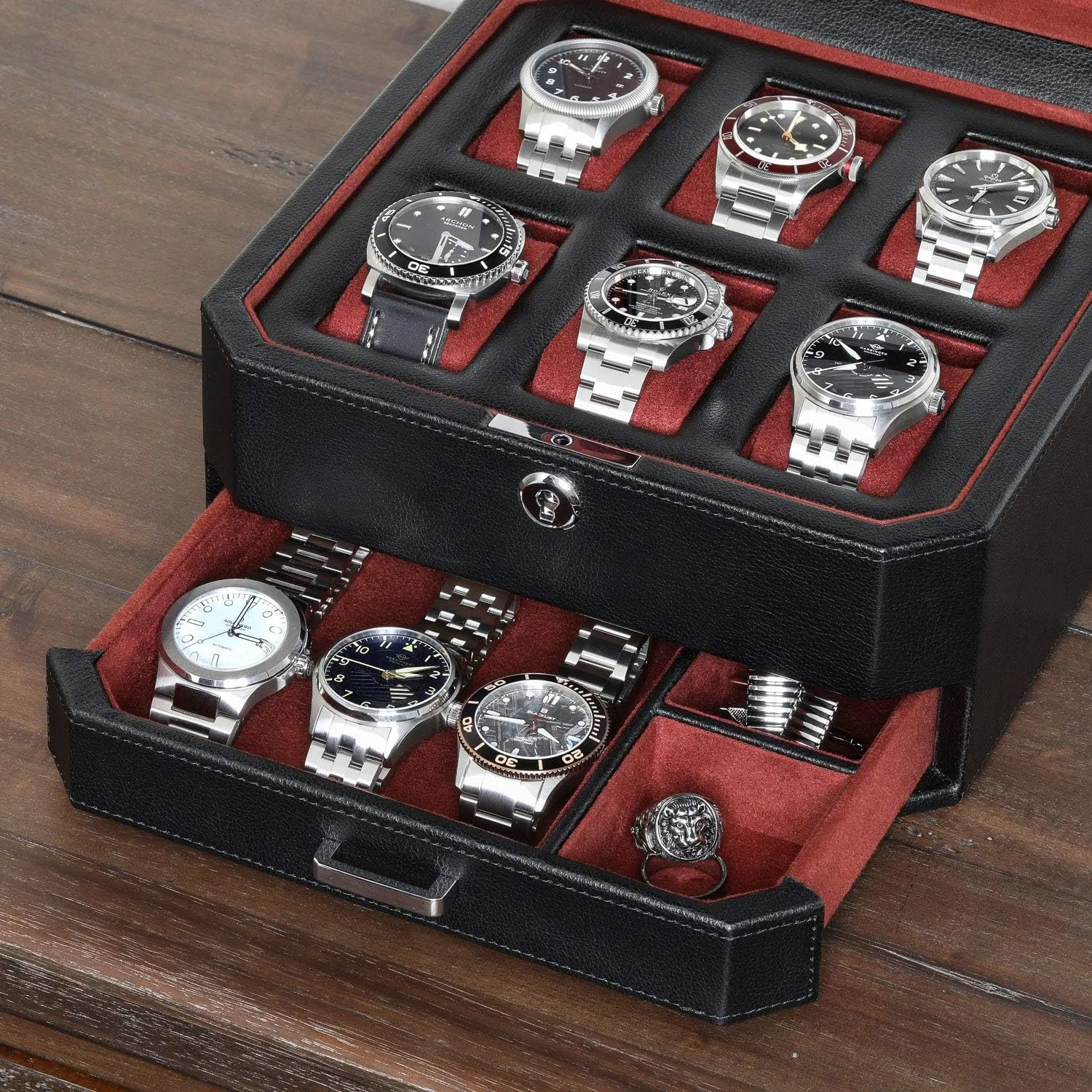 ROTHWELL 6 Slot Leather Watch Box with Valet Drawer - Luxury Watch Case Display Organizer, Microsuede Liner, Locking Mens Jewelry Watches Holder, Men's Storage Boxes Holder Large Glass Top (Black/Red)