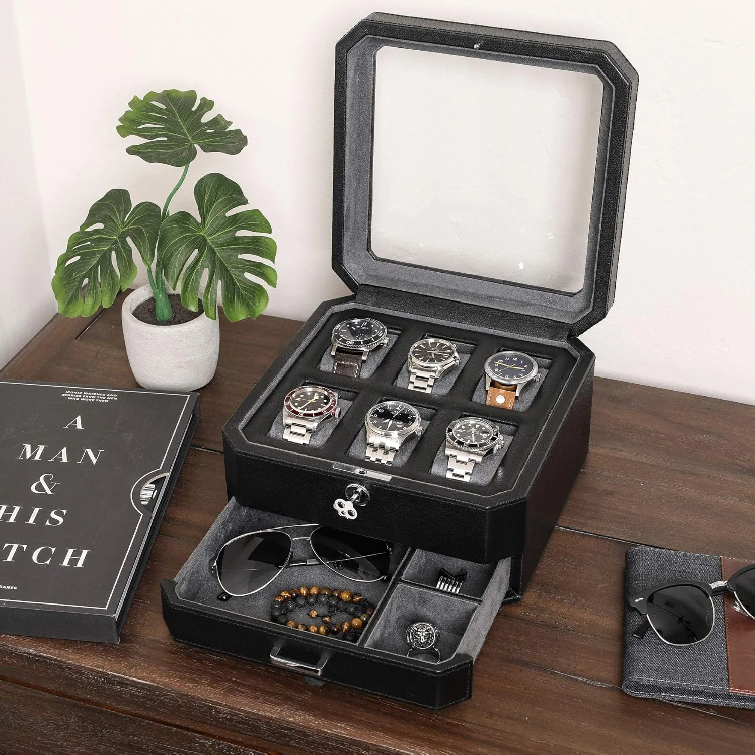 ROTHWELL 6 Slot Leather Watch Box with Valet Drawer - Luxury Watch Case Display Organizer, Microsuede Liner, Locking Mens Jewelry Watches Holder, Men's Storage Boxes With Large Glass Top (Black/Grey)