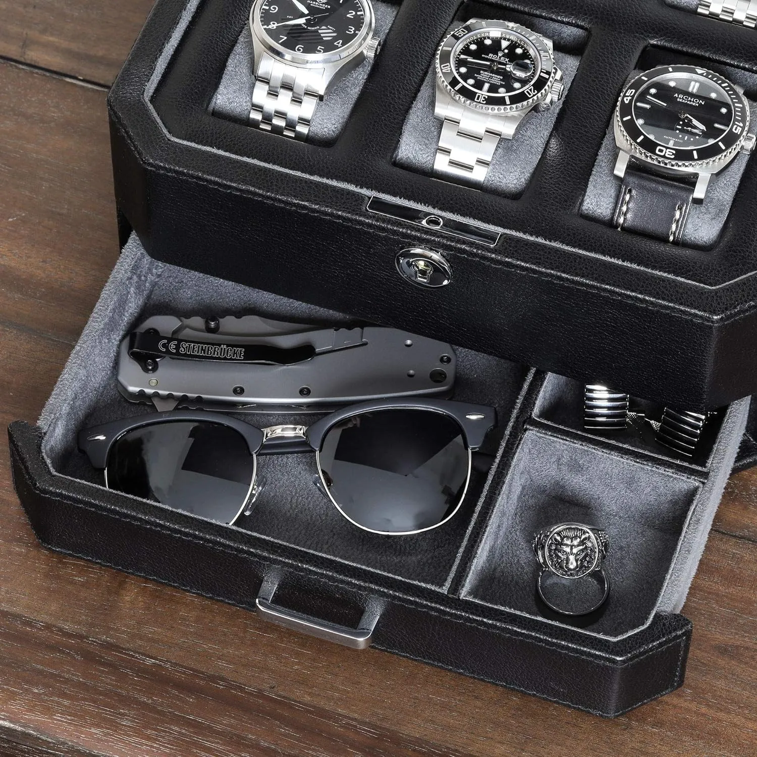 ROTHWELL 6 Slot Leather Watch Box with Valet Drawer - Luxury Watch Case Display Organizer, Microsuede Liner, Locking Mens Jewelry Watches Holder, Men's Storage Boxes With Large Glass Top (Black/Grey)