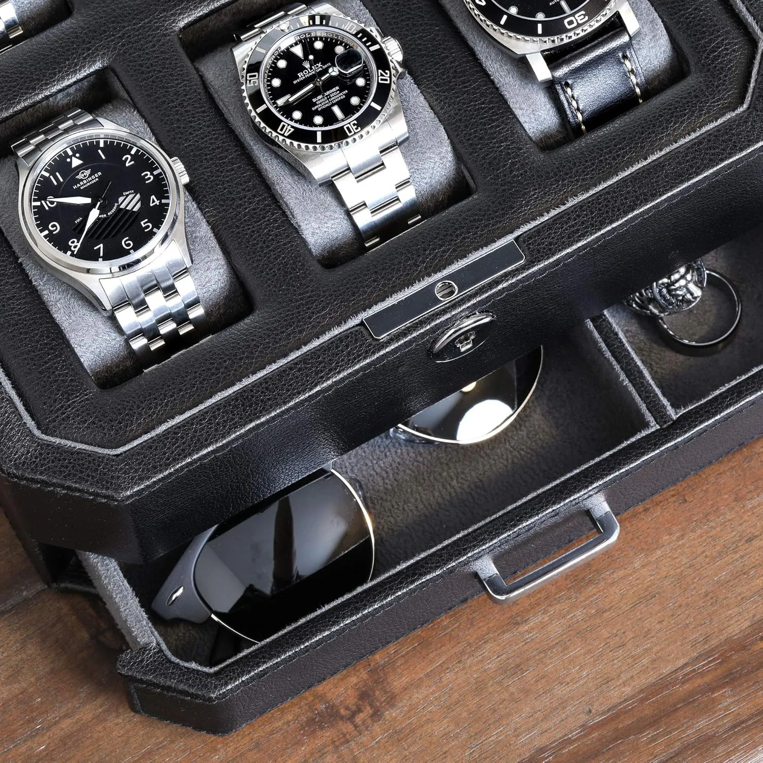 ROTHWELL 6 Slot Leather Watch Box with Valet Drawer - Luxury Watch Case Display Organizer, Microsuede Liner, Locking Mens Jewelry Watches Holder, Men's Storage Boxes With Large Glass Top (Black/Grey)
