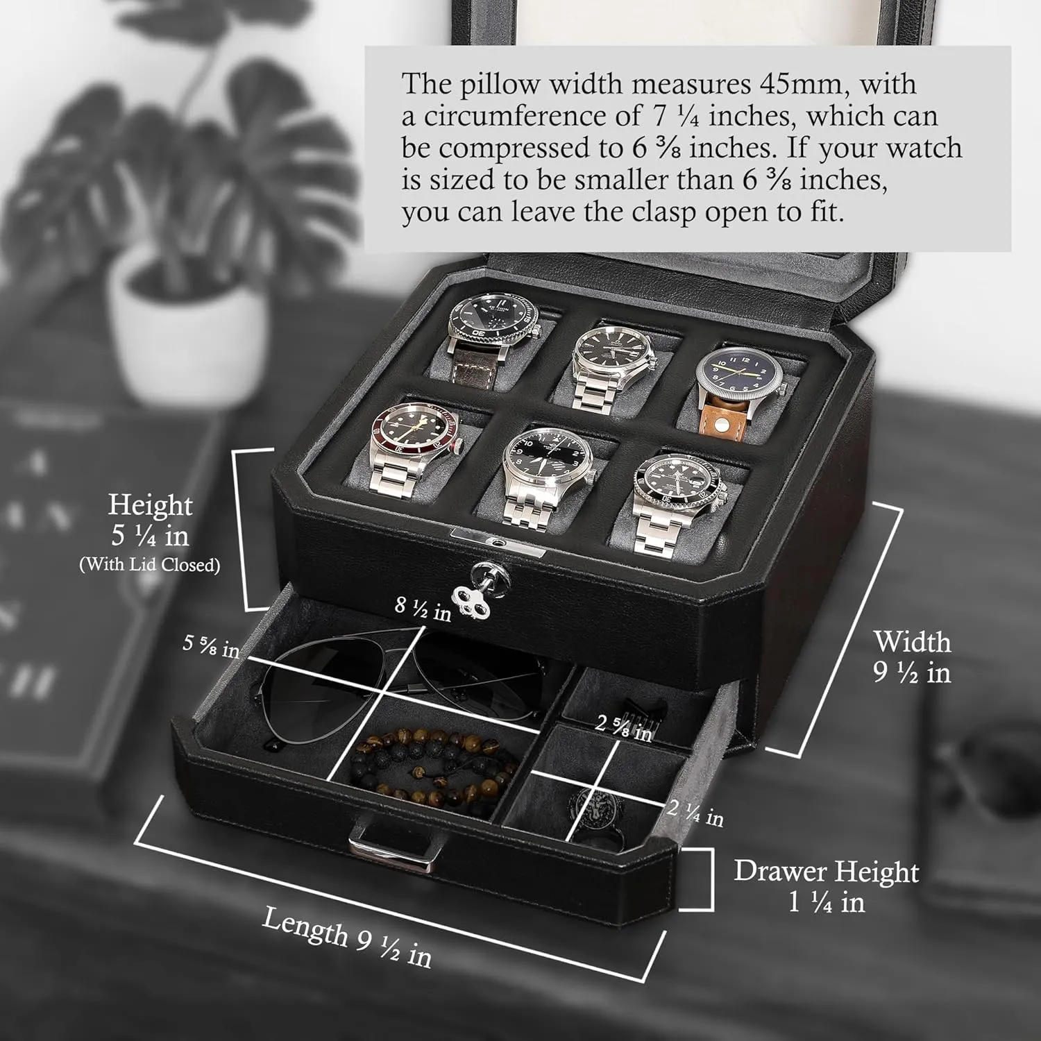 ROTHWELL 6 Slot Leather Watch Box with Valet Drawer - Luxury Watch Case Display Organizer, Microsuede Liner, Locking Mens Jewelry Watches Holder, Men's Storage Boxes With Large Glass Top (Black/Grey)