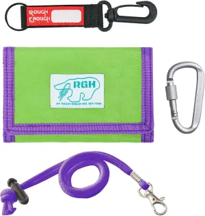 Rough Enough Wallet for Kids Boys Teens Nylon Twill with Neck Lanyard Keychain Card Holder Compact for Camp Sports Classic Casual Green Purple