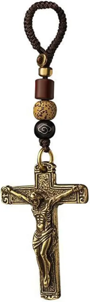 RTGGSEL Retro Brass Cross Keychain Bags Keyring Rearview Mirror Hanging Ornament Catholic Cross Decor Religious Jewelry Gifts