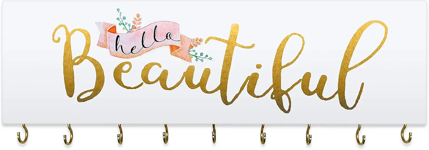 SANY DAYO HOME Hello Beautiful Wall Mount Necklace Holder Organizer with 9 Jewelry Hooks for Ring, Hair Bow, Headband, Purse - Wall Decor for Girls Room