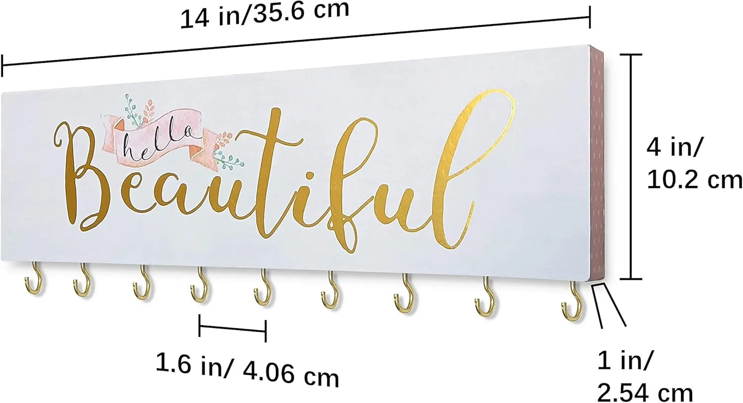 SANY DAYO HOME Hello Beautiful Wall Mount Necklace Holder Organizer with 9 Jewelry Hooks for Ring, Hair Bow, Headband, Purse - Wall Decor for Girls Room