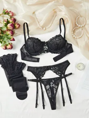 Sexy Black Lingerie Set 5pack Underwire Garter Stockings