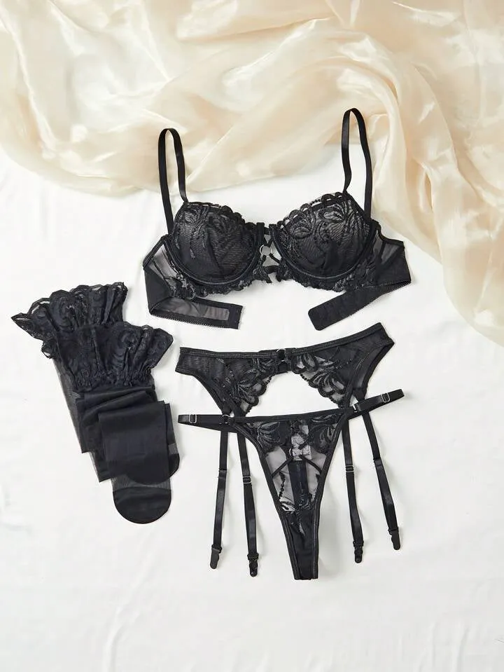 Sexy Black Lingerie Set 5pack Underwire Garter Stockings