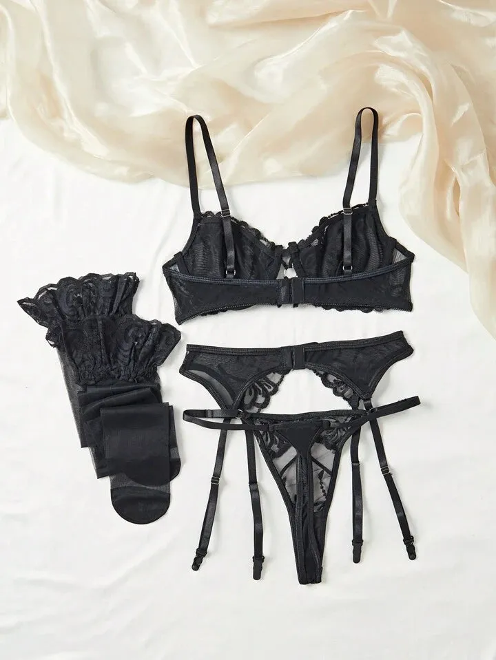 Sexy Black Lingerie Set 5pack Underwire Garter Stockings