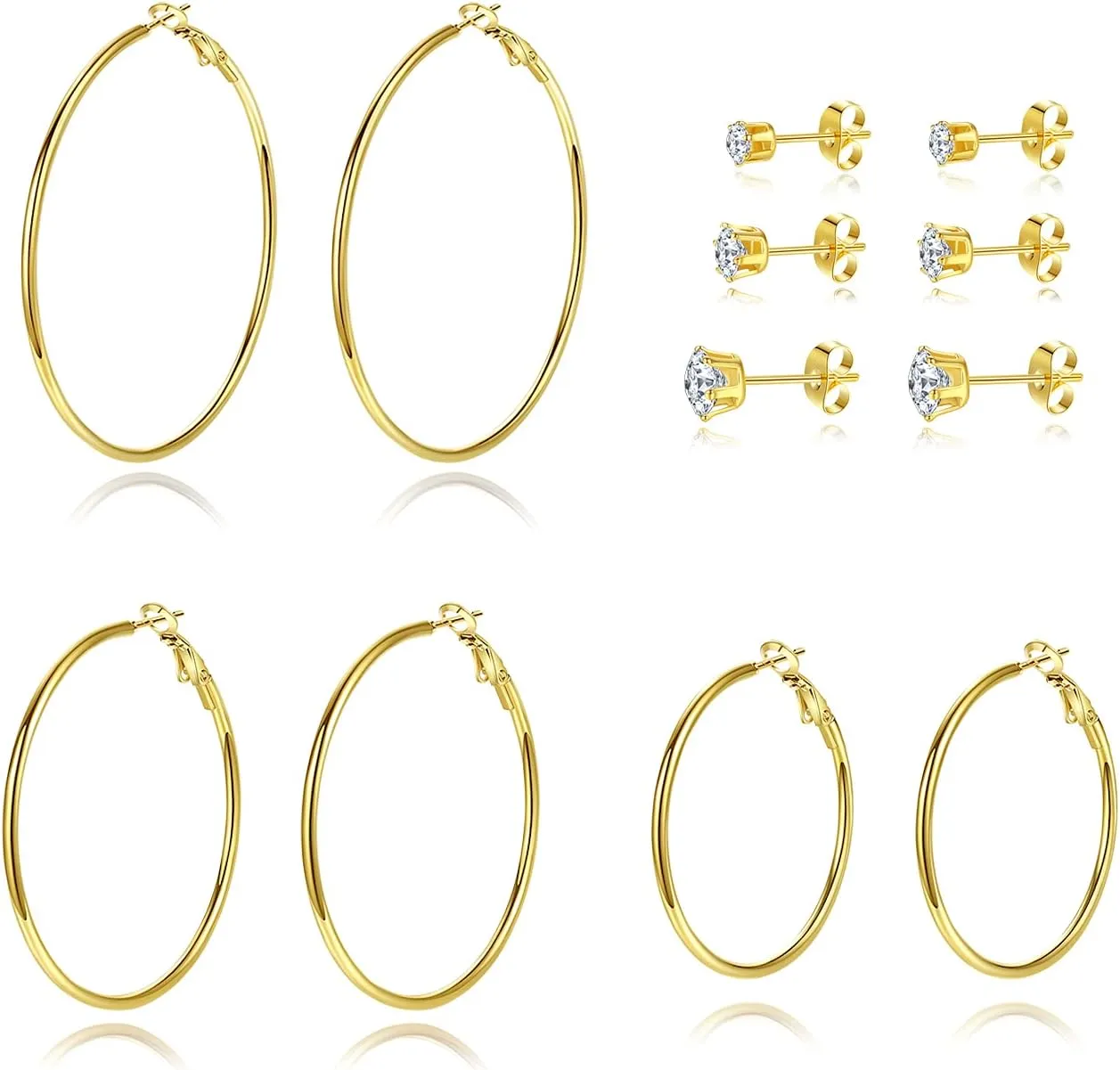 Silver Hoop Earrings for Women Sets and Tiny Cartilage Cubic Zirconia 6 Prong Stud Earrings Stainless Steel Hypoallergenic Multipack Big Large Hoops Plated Jewelry for Men Women Girls