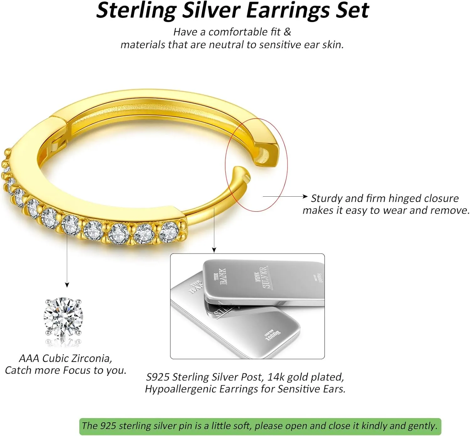 Silver Huggie Hoop Earrings for Women, 3 Pairs Tiny Hypoallergenic Sterling Silver Cartilage Hoops | 14k Gold Small Cubic Zirconia Cuff Earrings Mini Piercing Jewelry (6/8/10/12mm)