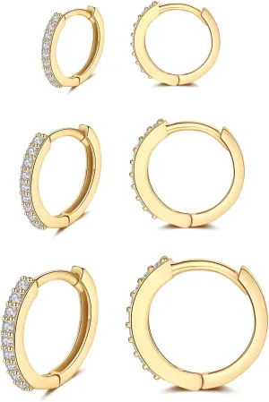 Silver Huggie Hoop Earrings for Women, 3 Pairs Tiny Hypoallergenic Sterling Silver Cartilage Hoops | 14k Gold Small Cubic Zirconia Cuff Earrings Mini Piercing Jewelry (6/8/10/12mm)