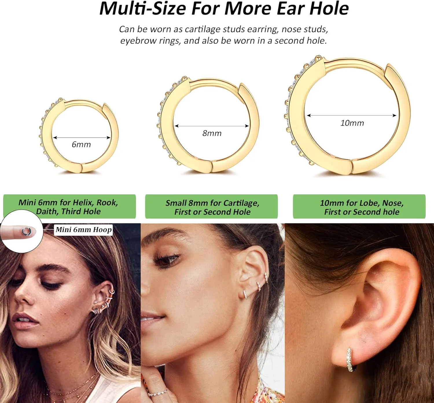 Silver Huggie Hoop Earrings for Women, 3 Pairs Tiny Hypoallergenic Sterling Silver Cartilage Hoops | 14k Gold Small Cubic Zirconia Cuff Earrings Mini Piercing Jewelry (6/8/10/12mm)