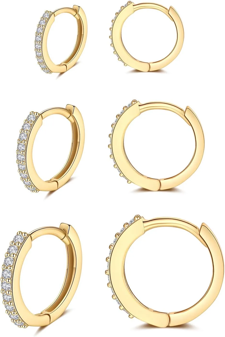 Silver Huggie Hoop Earrings for Women, 3 Pairs Tiny Hypoallergenic Sterling Silver Cartilage Hoops | 14k Gold Small Cubic Zirconia Cuff Earrings Mini Piercing Jewelry (6/8/10/12mm)
