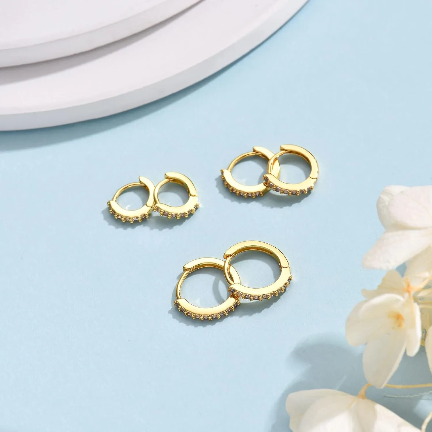 Silver Huggie Hoop Earrings for Women, 3 Pairs Tiny Hypoallergenic Sterling Silver Cartilage Hoops | 14k Gold Small Cubic Zirconia Cuff Earrings Mini Piercing Jewelry (6/8/10/12mm)