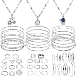 Silver Plated Jewelry Set - 51 Pcs with 3 Necklaces, 18 Bangles, 8 Pair Hoop Earrings, 22 Knuckle Rings for Women - Valentine, Anniversary, Birthday, Friendship