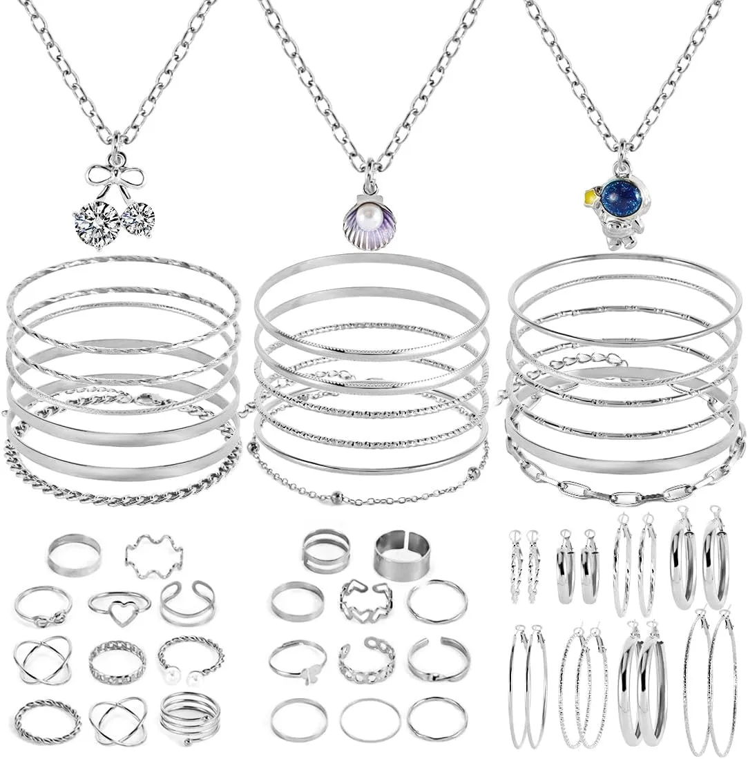 Silver Plated Jewelry Set - 51 Pcs with 3 Necklaces, 18 Bangles, 8 Pair Hoop Earrings, 22 Knuckle Rings for Women - Valentine, Anniversary, Birthday, Friendship