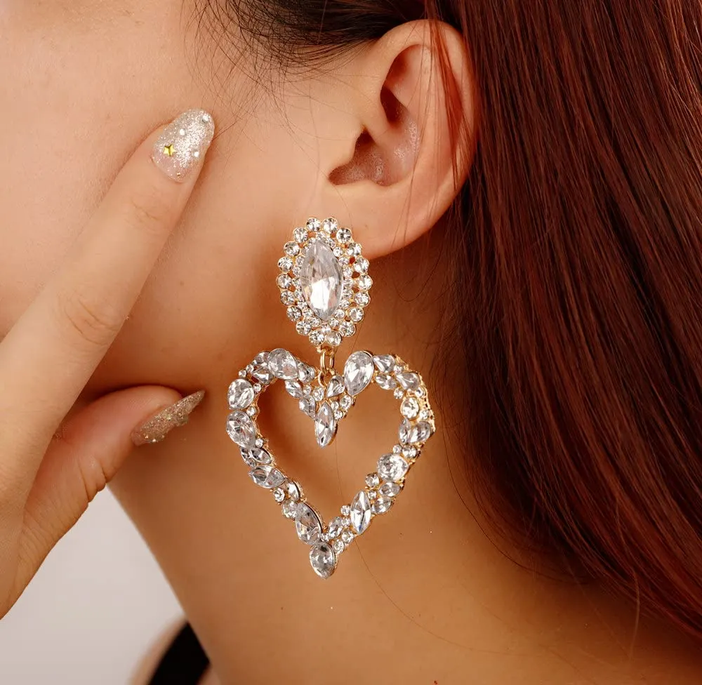 Sither Heart Crystal Earrings for Women Color Crystal Statement Earrings Drop Dangling Earrings Jewelry for Party Halloween Christmas Gift (white)