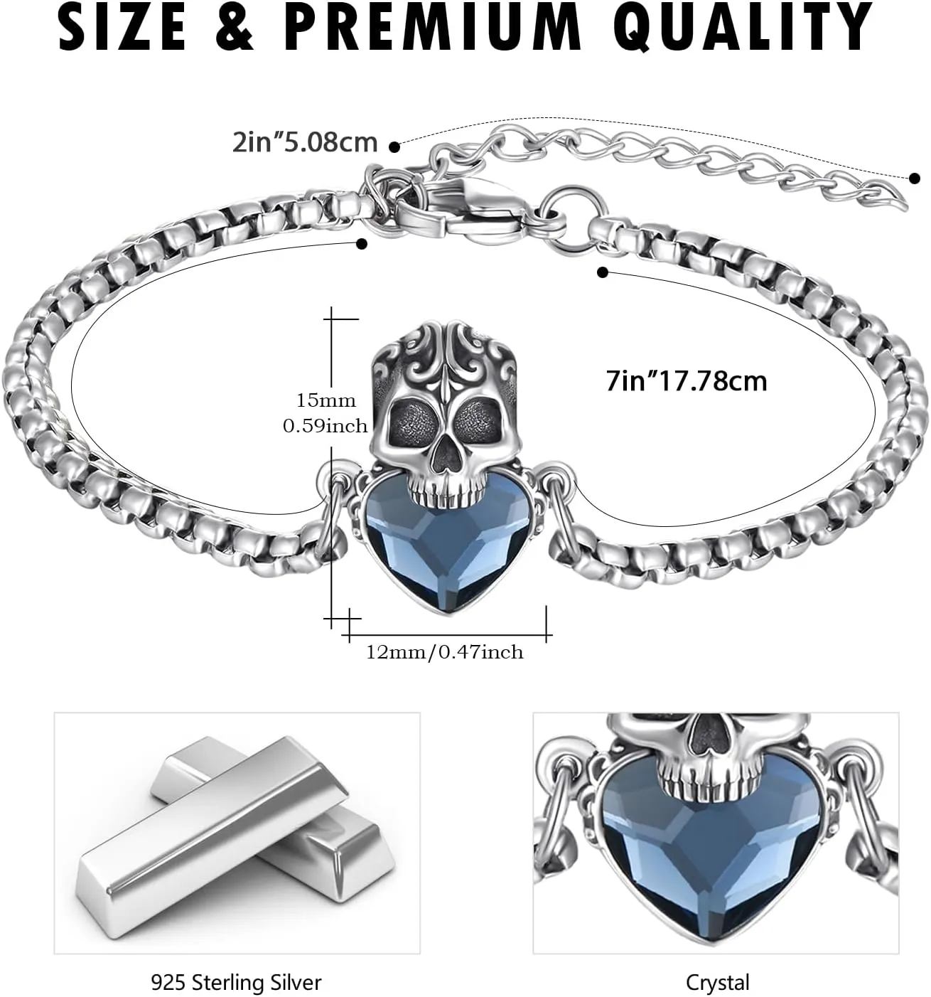 Skull Bracelet 925 Sterling Silver Skull Crystal Bracelet Adjustable Bracelet Gothic Bracelet Skull Jewelry Gift for Women Men