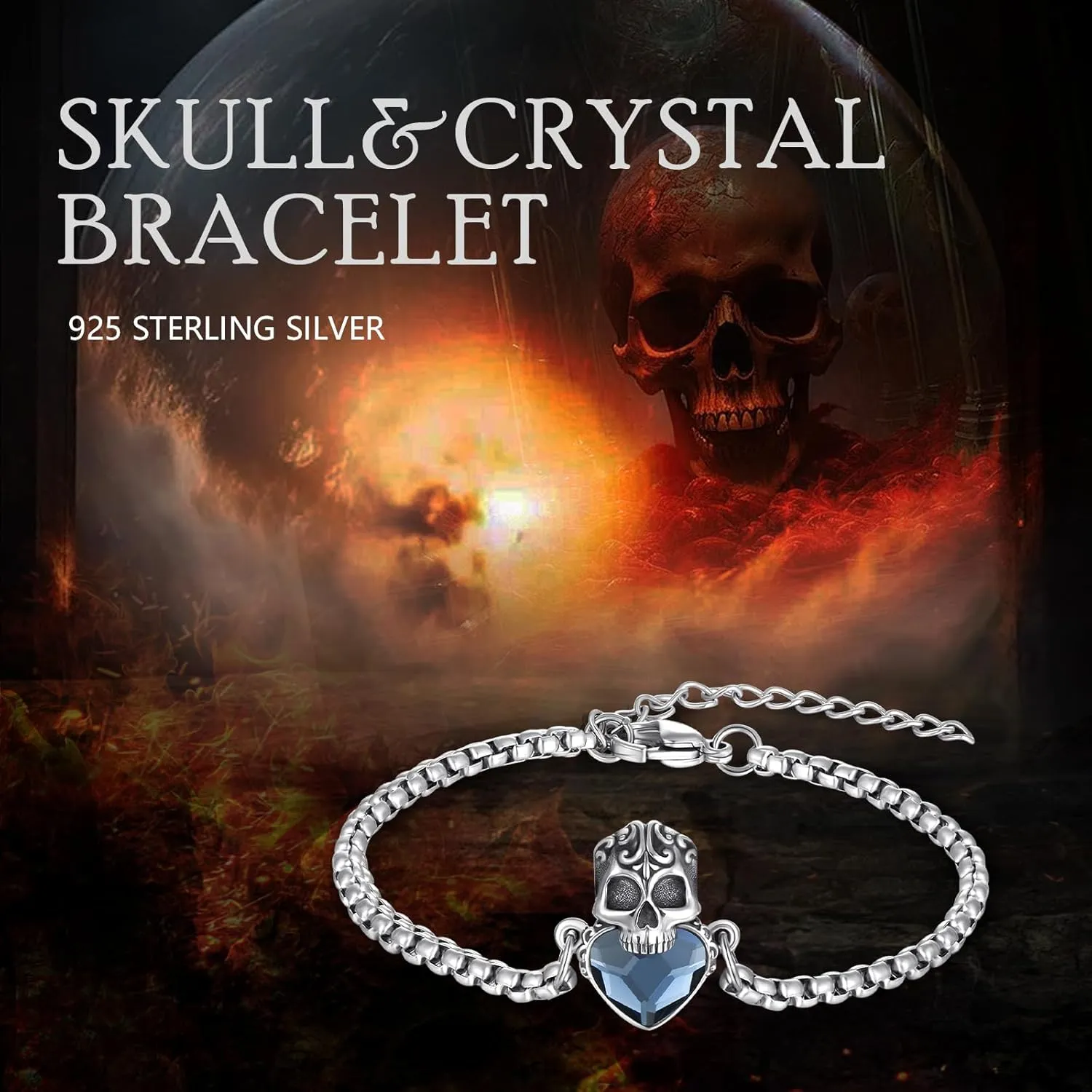 Skull Bracelet 925 Sterling Silver Skull Crystal Bracelet Adjustable Bracelet Gothic Bracelet Skull Jewelry Gift for Women Men