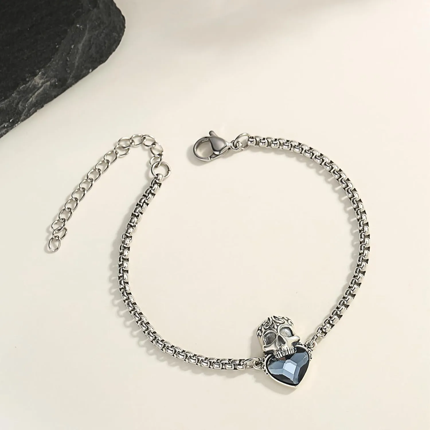Skull Bracelet 925 Sterling Silver Skull Crystal Bracelet Adjustable Bracelet Gothic Bracelet Skull Jewelry Gift for Women Men