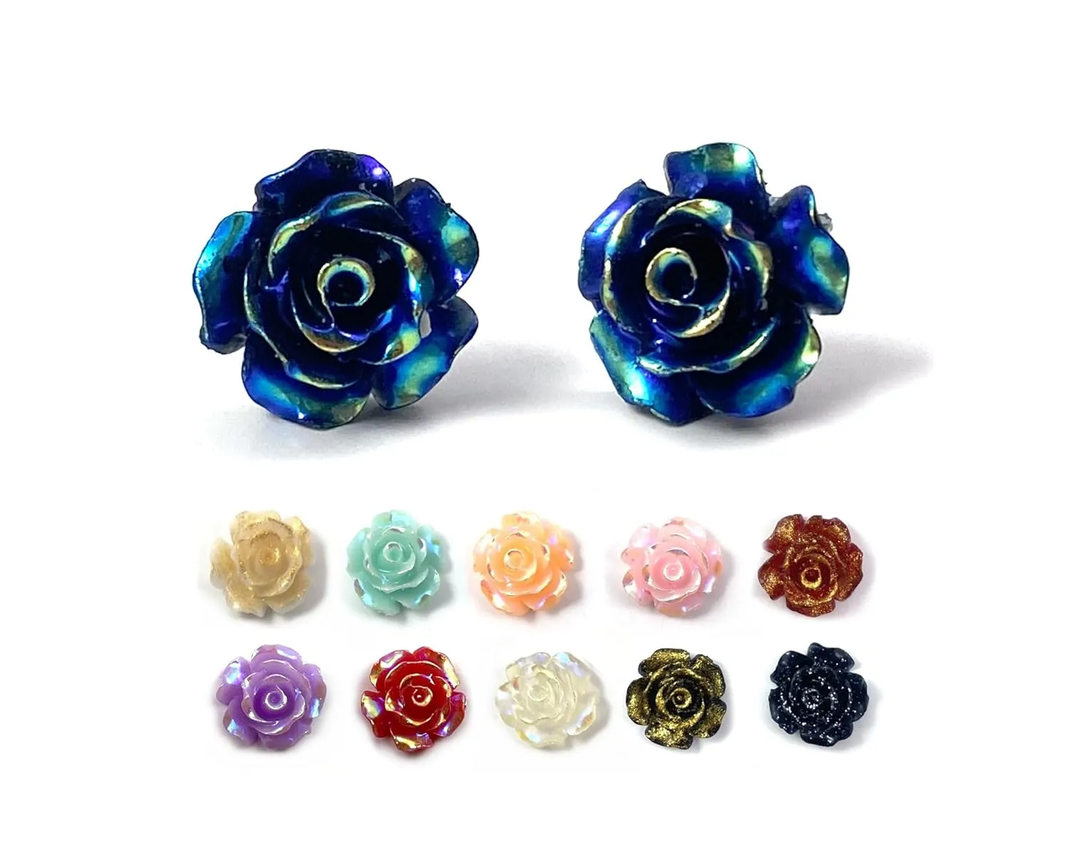 Small 10mm Iridescent Rose Stud Earrings - Pick from 11 Colors with Titanium or Surgical Stainless Steel Posts for Sensitive Ears, Hypoallergenic Nickel Free