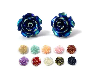 Small 10mm Iridescent Rose Stud Earrings - Pick from 11 Colors with Titanium or Surgical Stainless Steel Posts for Sensitive Ears, Hypoallergenic Nickel Free