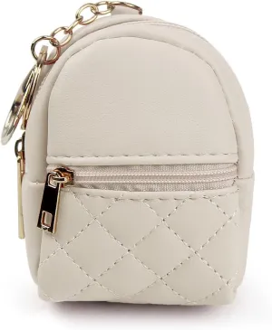 Small Change Coin Purse, Mini Backpack Cute Cosmetic Bag for Women with Keychain and 2 Zipper Layers, Change Purse for Travel and Dating (Beige)
