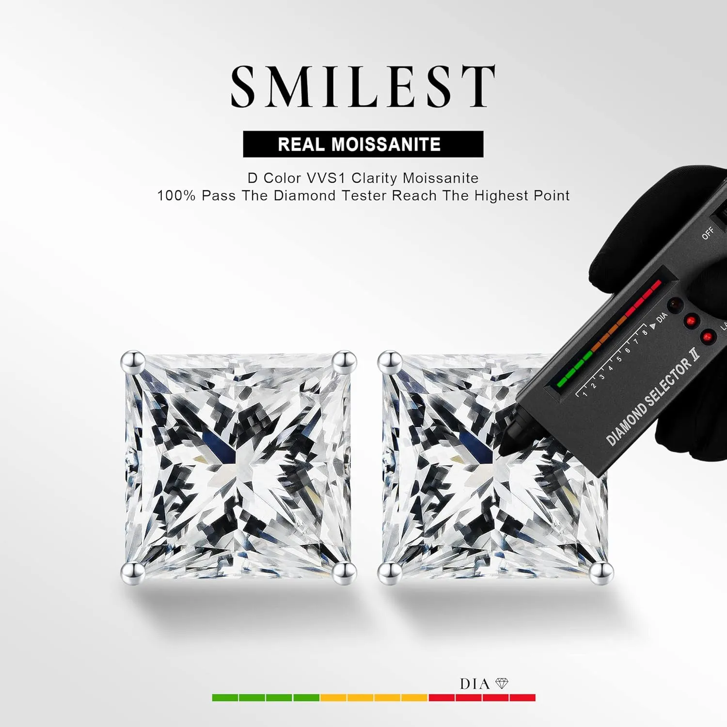 SMILEST 0.6-4ct Princess Cut Moissanite Earrings, D Color VVS1 Clarity Lab Created Earring 925 Sterling Silver Moissanite Screw Back Earrings Studs for Women Men