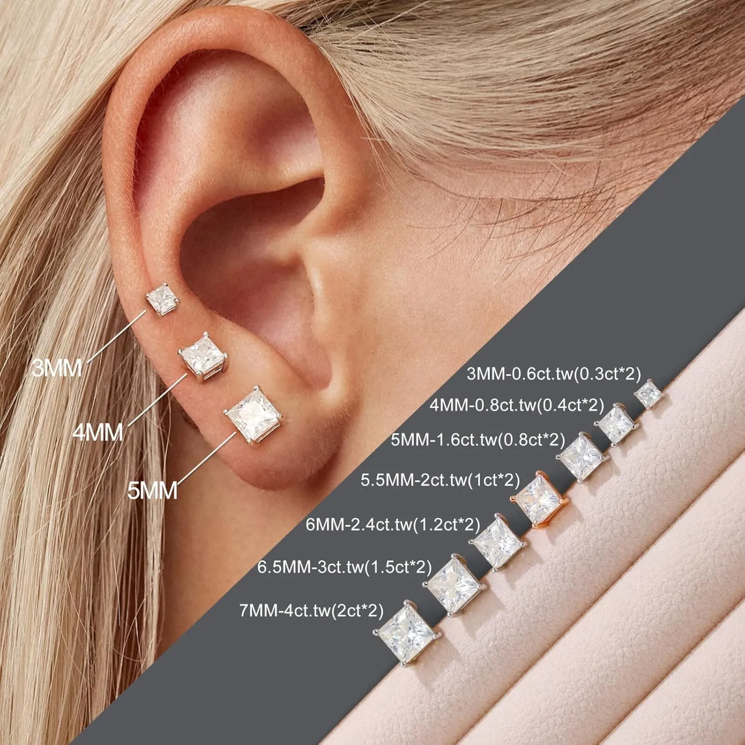 SMILEST 0.6-4ct Princess Cut Moissanite Earrings, D Color VVS1 Clarity Lab Created Earring 925 Sterling Silver Moissanite Screw Back Earrings Studs for Women Men