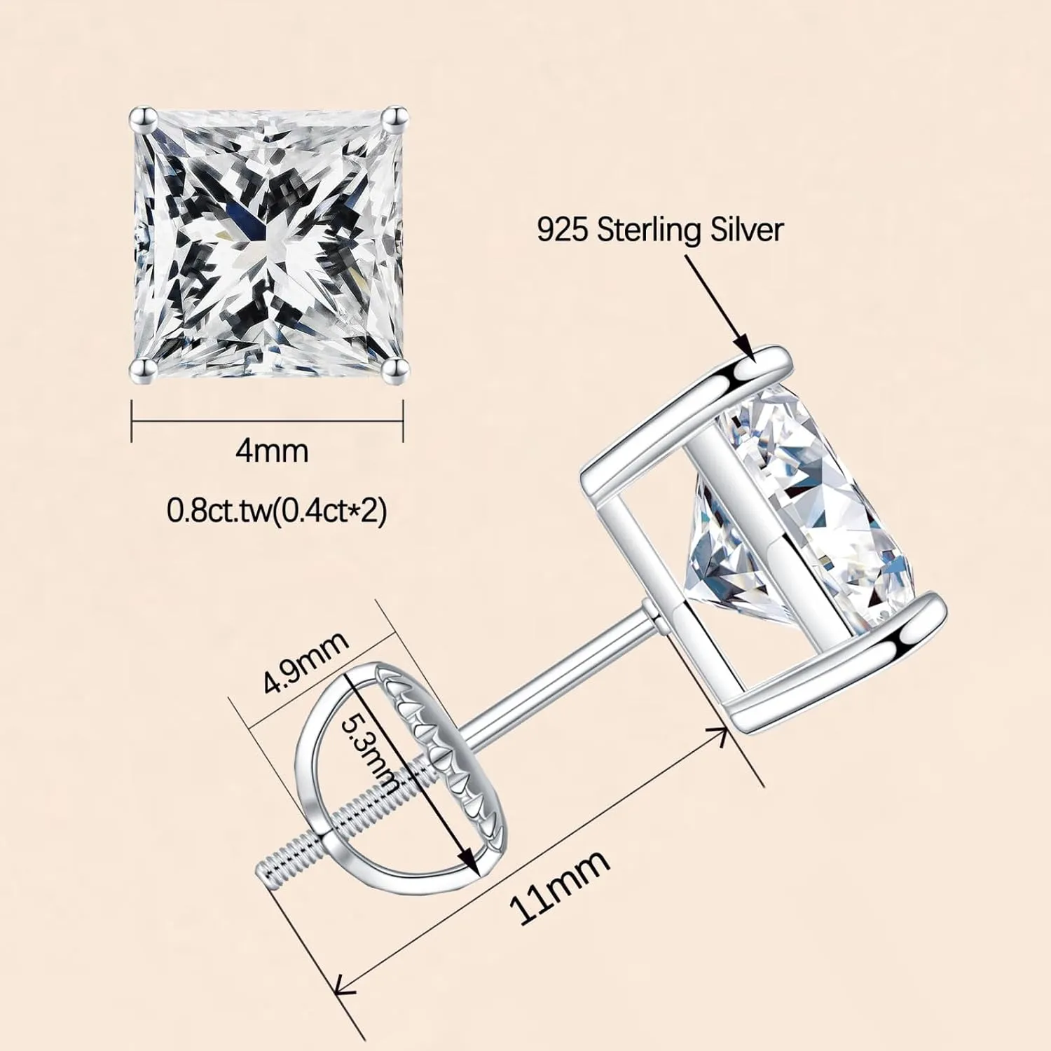 SMILEST 0.6-4ct Princess Cut Moissanite Earrings, D Color VVS1 Clarity Lab Created Earring 925 Sterling Silver Moissanite Screw Back Earrings Studs for Women Men