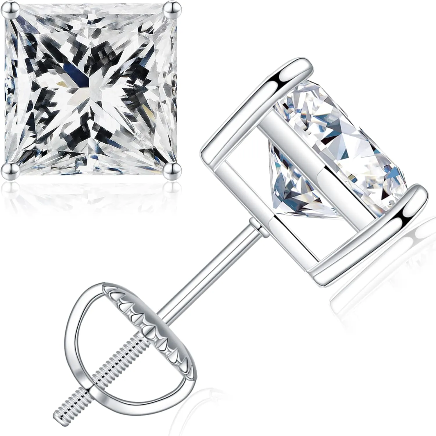 SMILEST 0.6-4ct Princess Cut Moissanite Earrings, D Color VVS1 Clarity Lab Created Earring 925 Sterling Silver Moissanite Screw Back Earrings Studs for Women Men