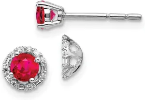 Solid Real 14k White Gold Diamond and Ruby Studs Earrings 6mm (.069 cttw.)
