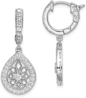 Solid Real 925 Sterling Silver CZ Cubic Zirconia Hinged Hoop Dangle Earrings - 30mm x 12mm