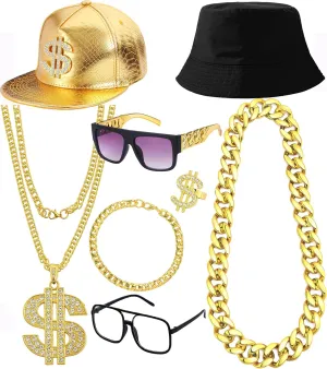 SONYYX 90s Hip Hop 80s Rapper Costume for Men Women Gold Dollar Sign Hat Money Necklace Rapper Outfit Accessories