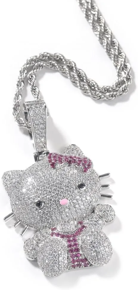 Sparkly Blingy 24-inch Rope Chain Iced-Out Cute Lovely Kitten Charm Pendant Necklace