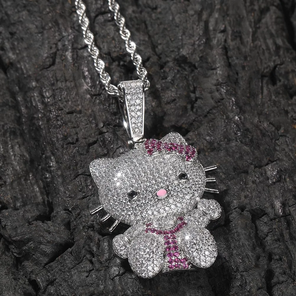Sparkly Blingy 24-inch Rope Chain Iced-Out Cute Lovely Kitten Charm Pendant Necklace