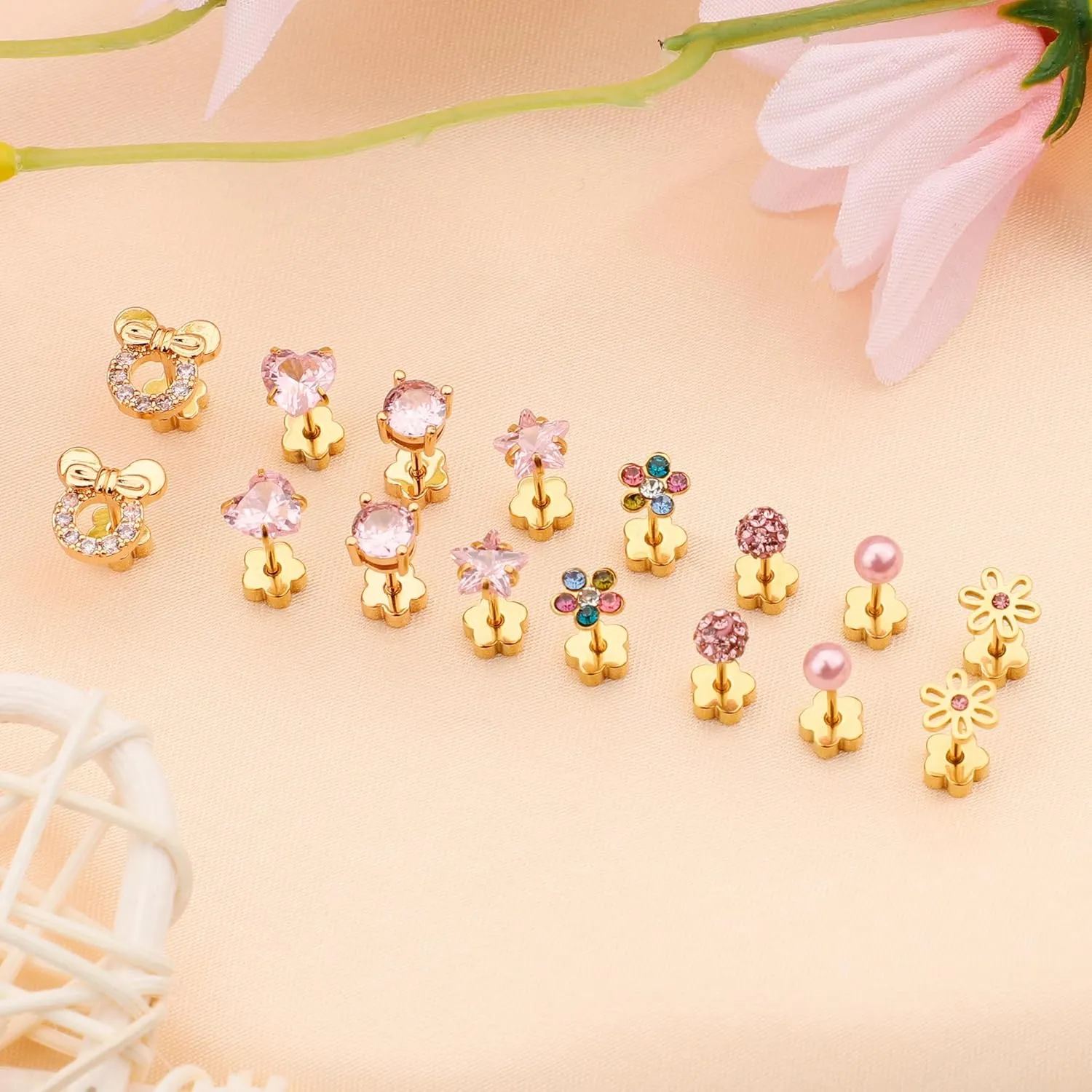 Staligue 8 & 21 Pairs Hypoallergenic Screw Back Earrings for Women  20G Surgical Steel Flat Back Studs with Heart, CZ, Pearl, Star & Ball Designs | Tiny Cartilage Jewelry Options